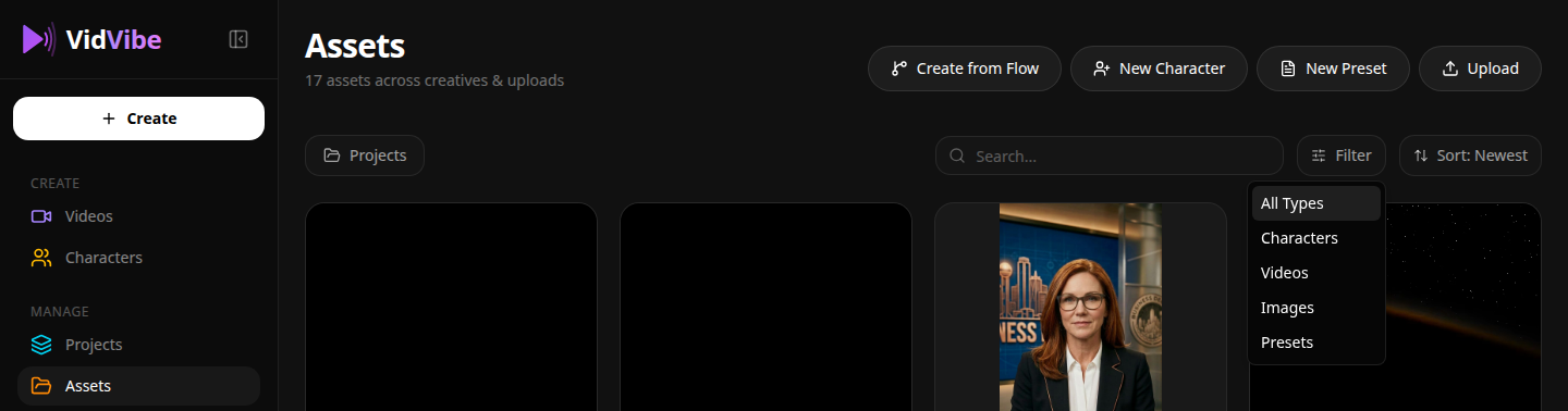 Filter dropdown on the Assets page
