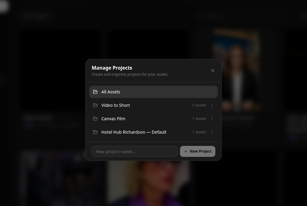 Manage Projects dialog on the Assets page