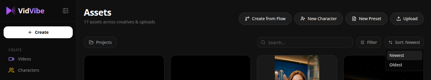Sort dropdown on the Assets page