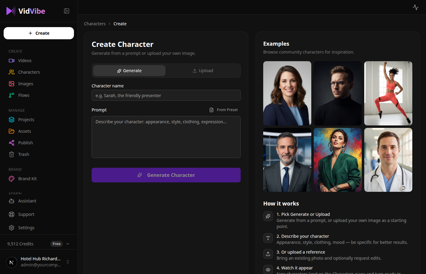 Create Character page
