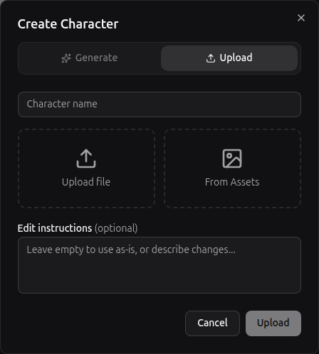 Create Character — Upload tab