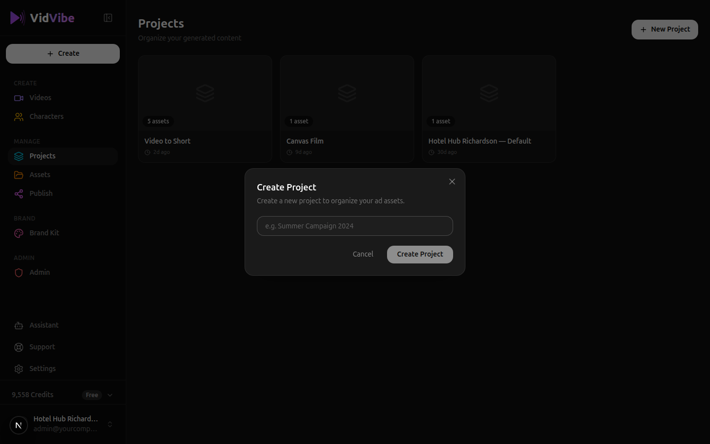 Create Project modal