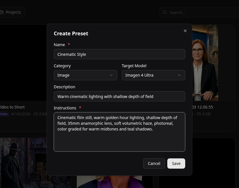 Create Preset dialog