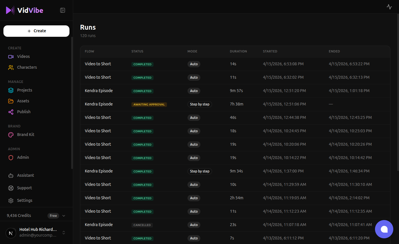 Runs page