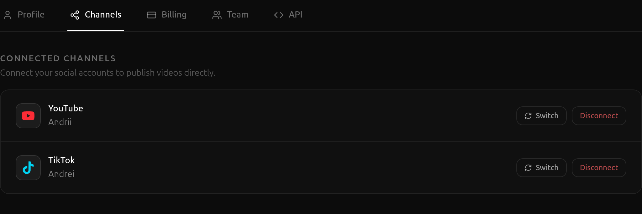 Settings Channels