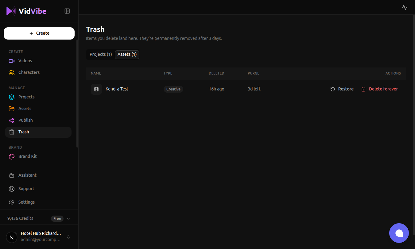 Trash page — Assets tab